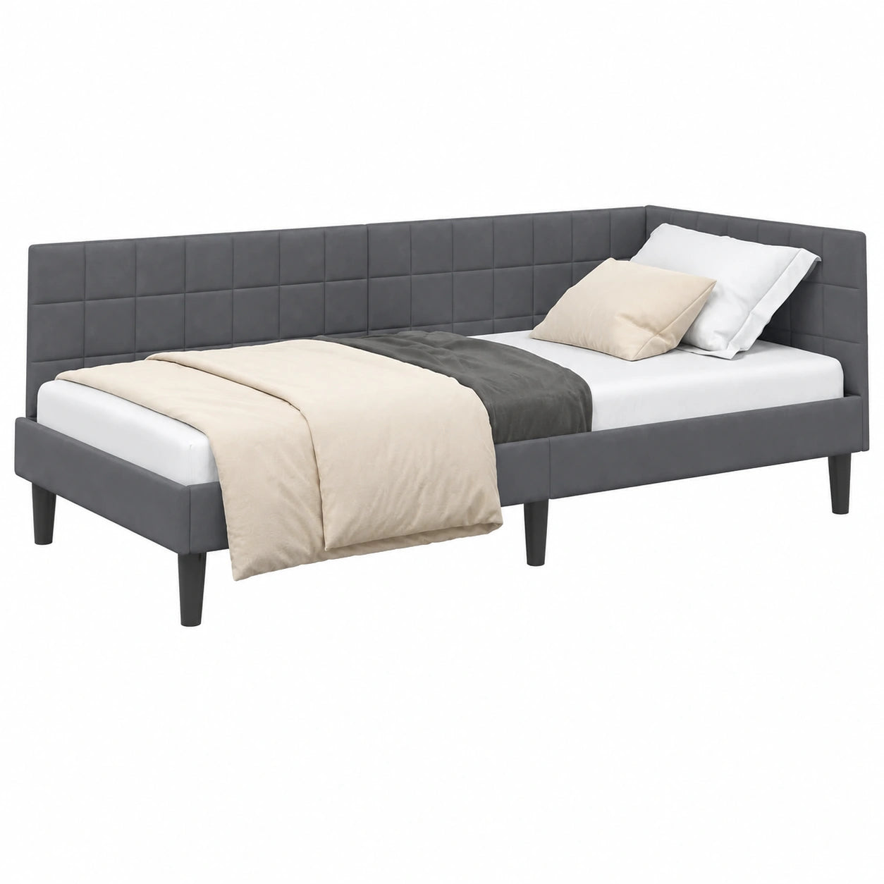 Modernes Samt-Eckbett mit Kopfteil, Dunkelgrau, 100x200 cm