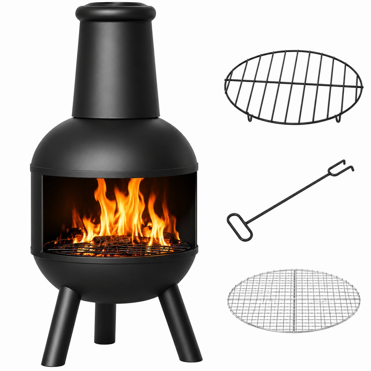 Terrassenkamin aus Stahl mit Grillrost und Holzablage für Garten und Terrasse