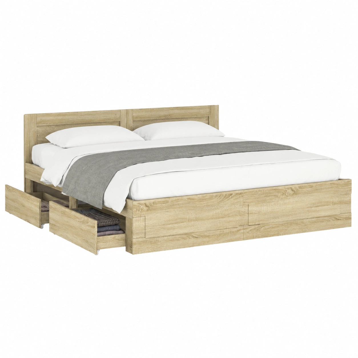 HUAKEHOM Doppelbett aus Holzwerkstoff mit Kopfteil und Stauraum, Sonoma-Eiche, 200x200 cm
